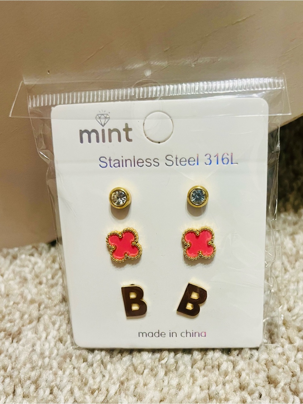 mint Pink Clover and Initial Stud Earring Set - Stainless Steel 316L